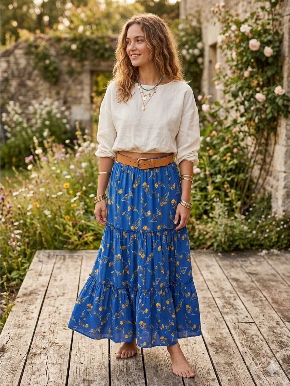 Happy Nature Kate Hudson Small Floral Poppy Yellow Blue Tiered Maxi Skirt Long